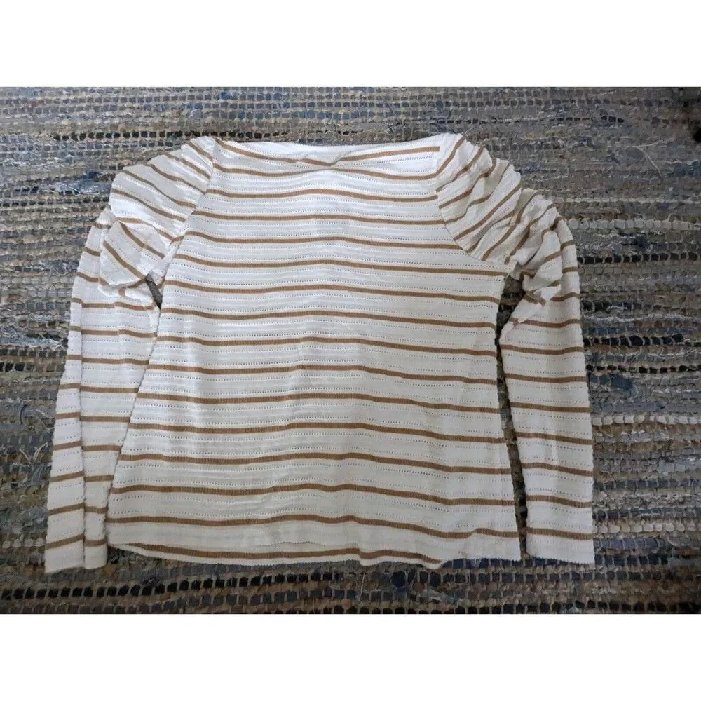 Striped Jacquard Tie Keyhole Ruched Sleeve Top Whisper White Golden Brown Quiet